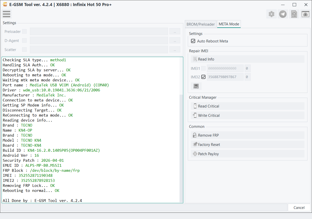 Infinix X6880 : Infinix Hot 50 Pro+ — Remove FRP - META Transport — E-GSM Tool screenshot
