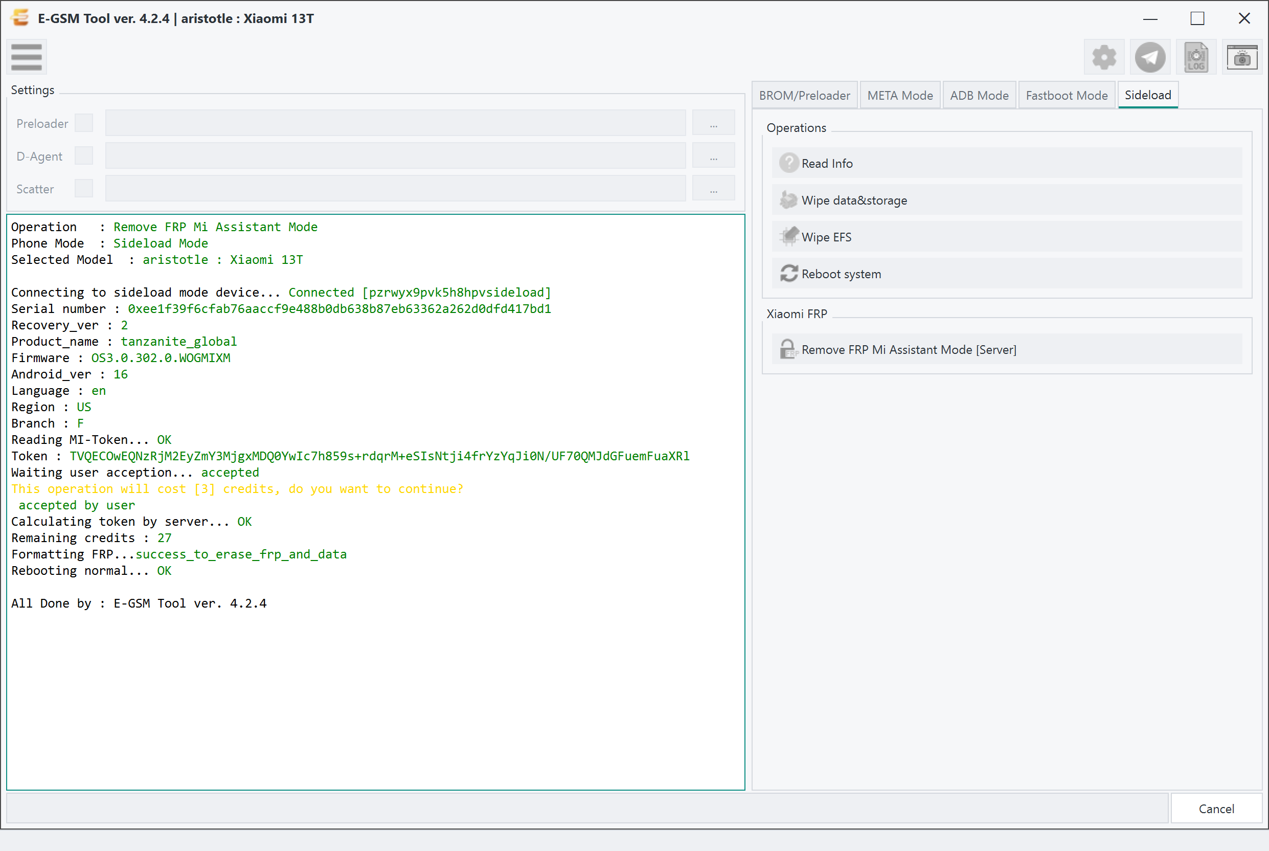 Xiaomi aristotle : Xiaomi 13T — Remove FRP - Sideload Server — E-GSM Tool screenshot