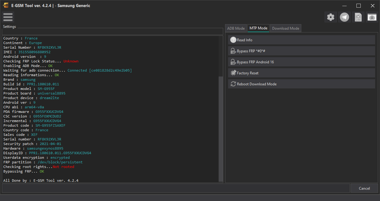 Samsung - Samsung Generic — Remove FRP - MTP — E-GSM Tool screenshot