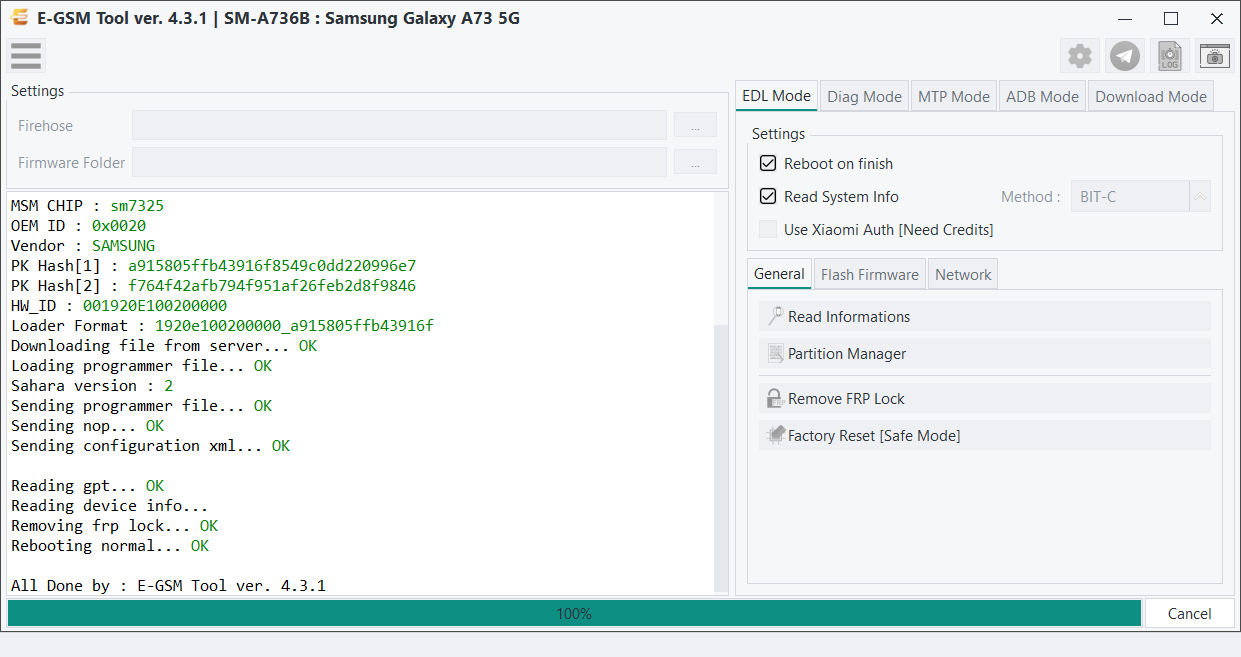 Samsung SM-A736B : Samsung Galaxy A73 5G — Remove FRP - Qualcomm — E-GSM Tool screenshot