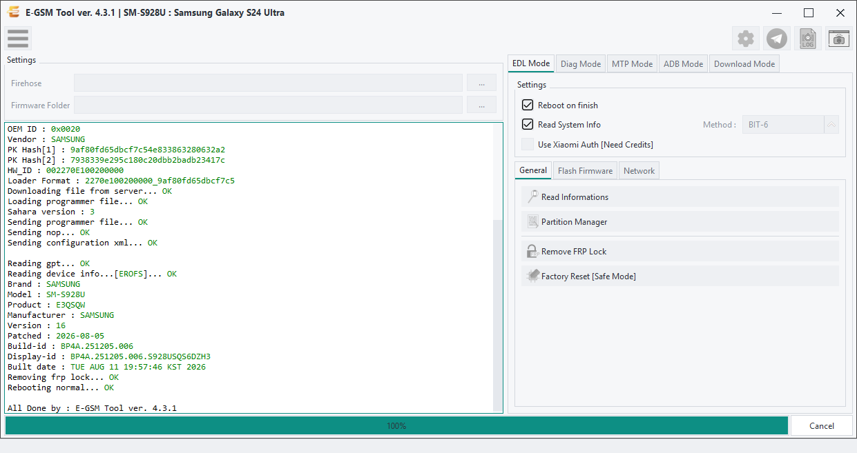 Samsung SM-S928U : Samsung Galaxy S24 Ultra — Remove FRP - Qualcomm — E-GSM Tool screenshot