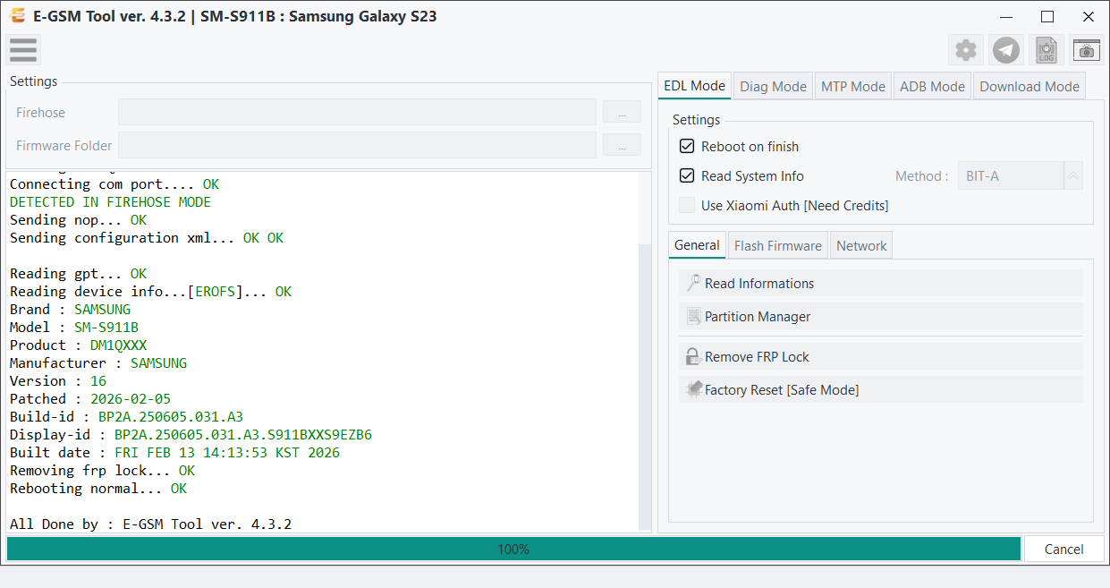 Samsung SM-S911B : Samsung Galaxy S23 — Remove FRP - Qualcomm — E-GSM Tool screenshot