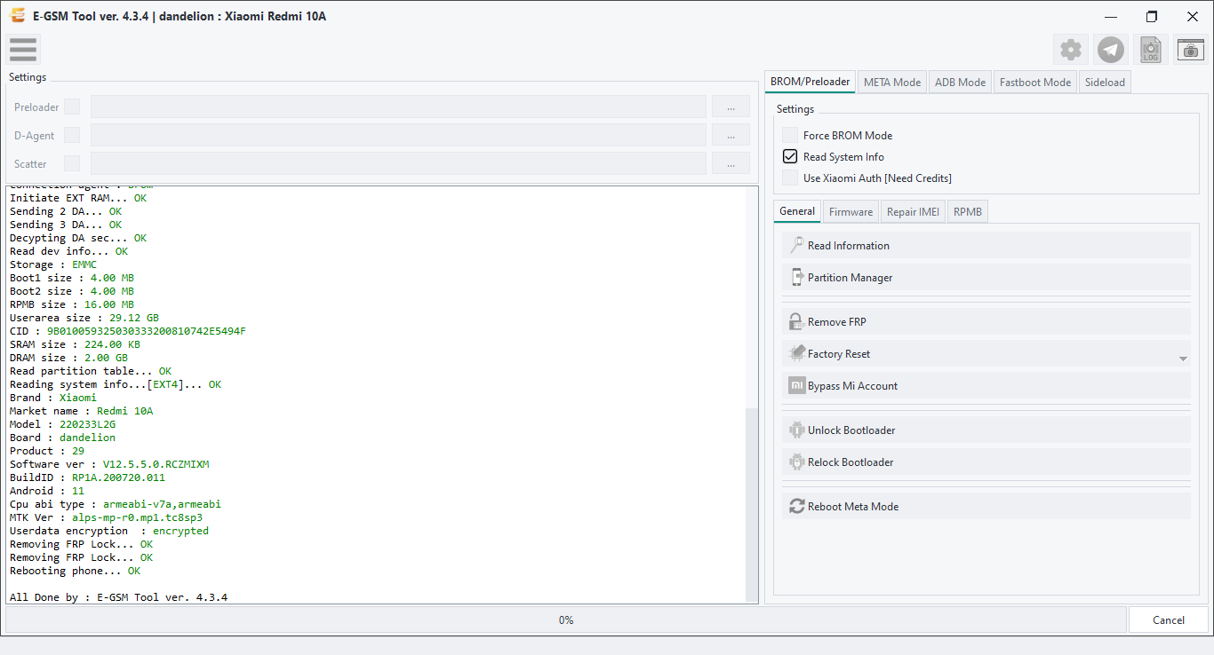 Xiaomi dandelion : Xiaomi Redmi 10A — Remove FRP - MTK — E-GSM Tool desktop software screenshot