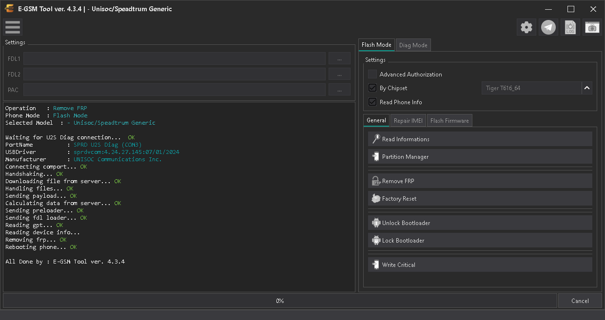 Unisoc/Speadtrum Generic - Unisoc/Speadtrum Generic — Remove FRP - U2S Diag Mode — E-GSM Tool desktop software screenshot