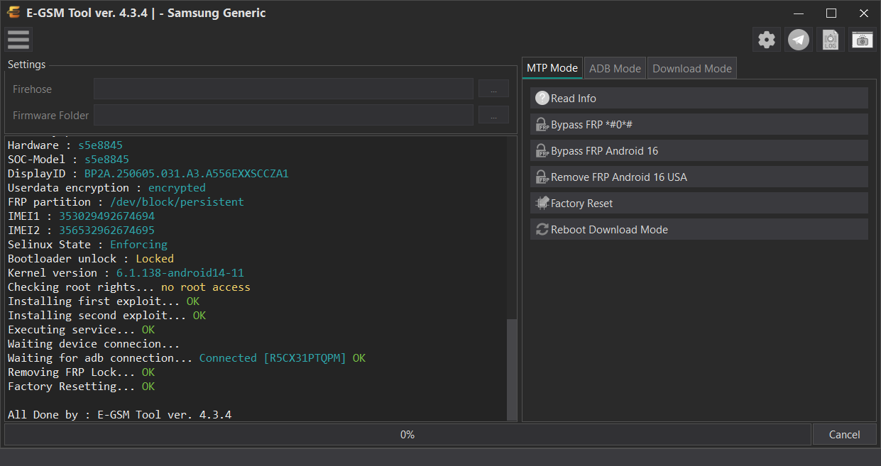 Samsung - Samsung Generic — Remove FRP Android 16 - MTP — E-GSM Tool desktop software screenshot