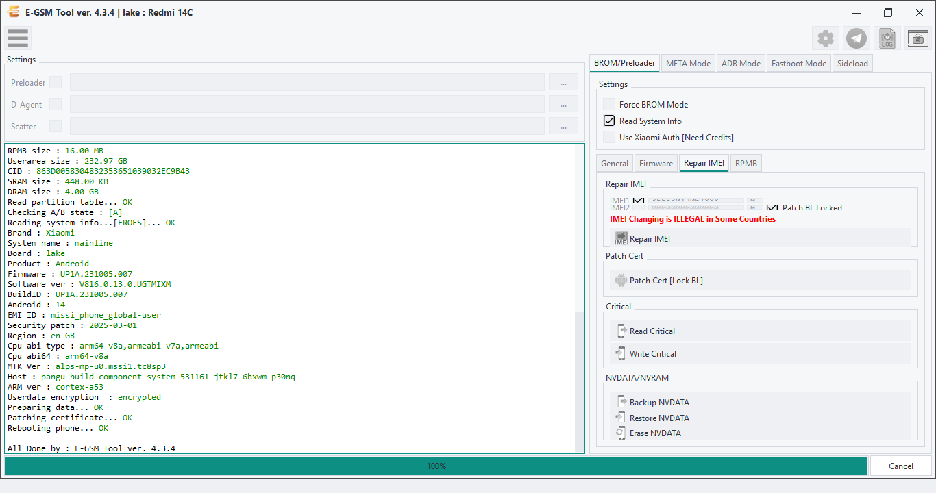 Xiaomi lake : Redmi 14C — Patch Cert Xiaomi BL Lock - MTK — E-GSM Tool desktop software screenshot