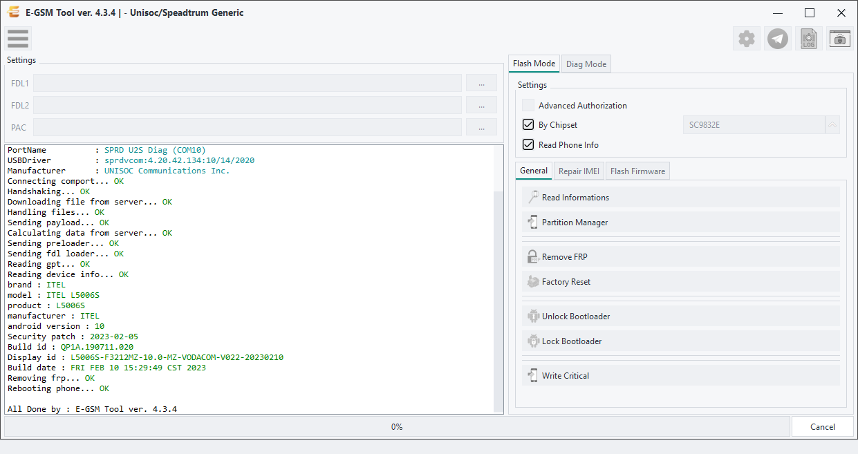 Unisoc/Speadtrum Generic - Unisoc/Speadtrum Generic — Remove FRP - U2S Diag Mode — E-GSM Tool desktop software screenshot