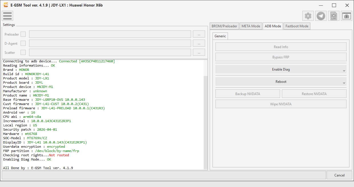 Huawei JDY-LX1 : Huawei Honor X6b — Enable Diag - ADB — E-GSM Tool screenshot