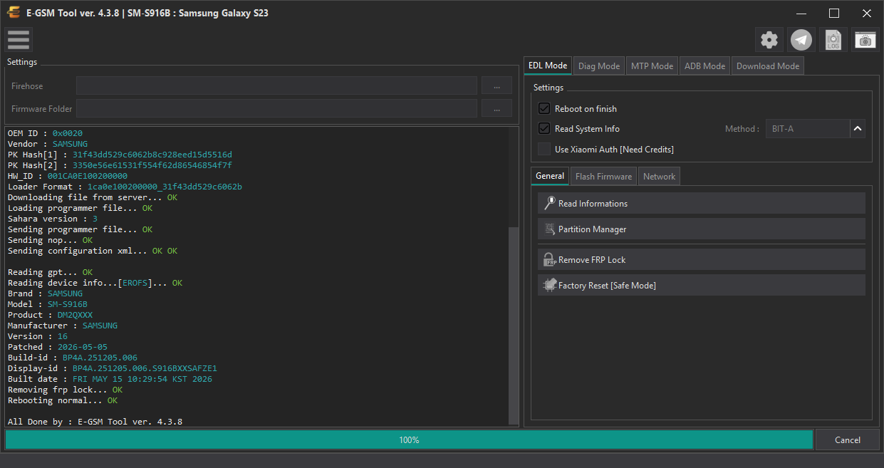Samsung SM-S916B : Samsung Galaxy S23 — Remove FRP - Qualcomm — E-GSM Tool desktop software screenshot