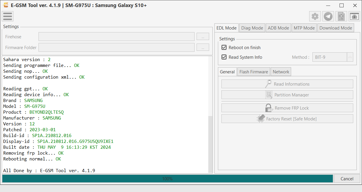Samsung SM-G975U : Samsung Galaxy S10+ — Remove FRP - Qualcomm — E-GSM Tool screenshot
