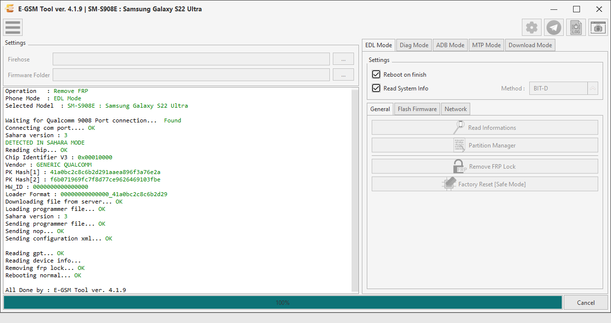 Samsung SM-S908E : Samsung Galaxy S22 Ultra — Remove FRP - Qualcomm — E-GSM Tool screenshot
