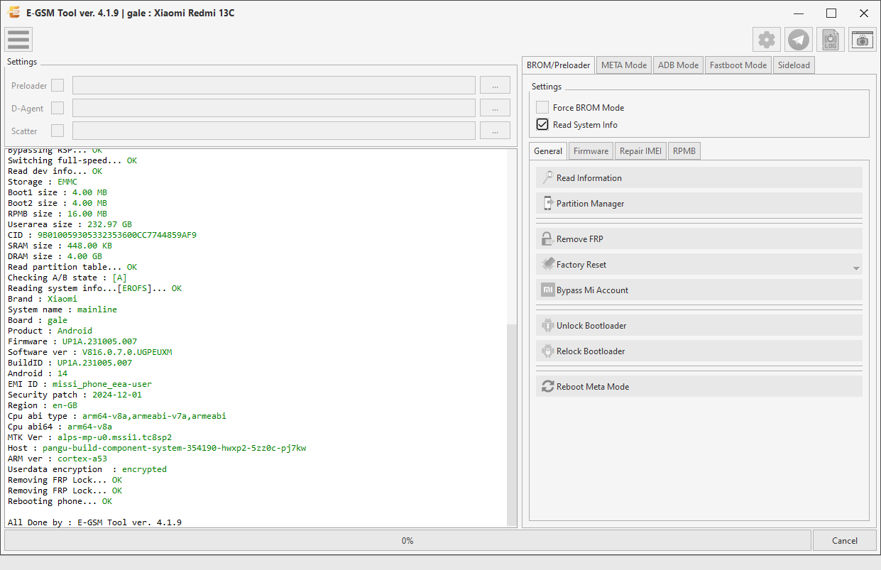 Xiaomi gale : Xiaomi Redmi 13C — Remove FRP - MTK — E-GSM Tool screenshot