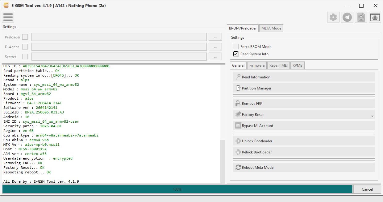 Nothing A142 : Nothing Phone (2a) — Remove FRP - MTK — E-GSM Tool screenshot