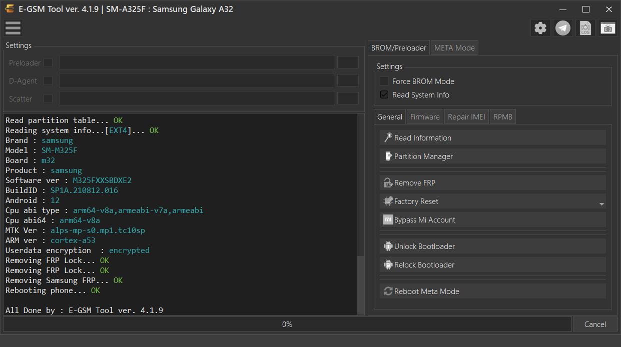 Samsung SM-A325F : Samsung Galaxy A32 — Remove FRP - MTK — E-GSM Tool screenshot