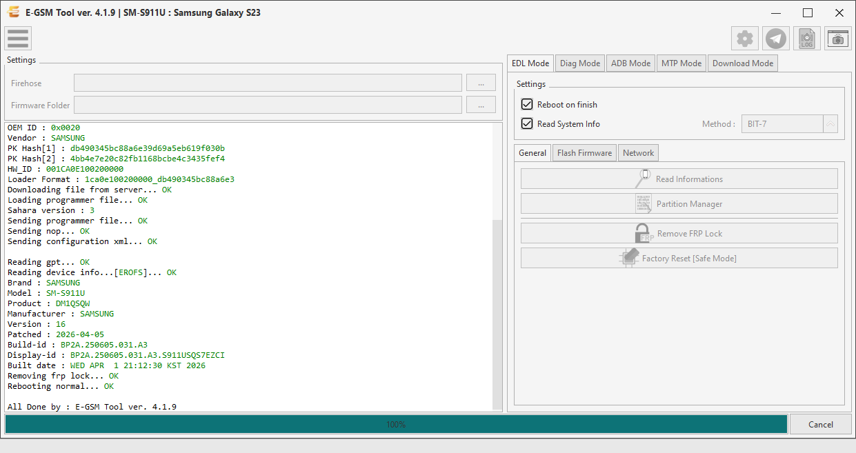Samsung SM-S911U : Samsung Galaxy S23 — Remove FRP - Qualcomm — E-GSM Tool screenshot