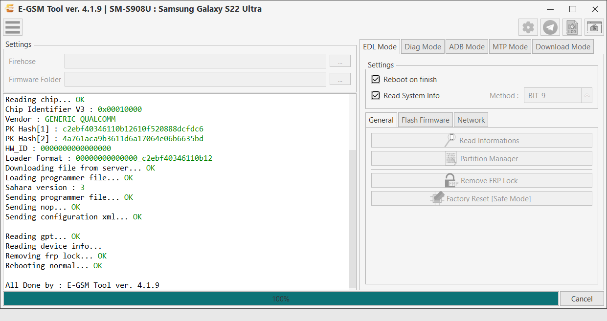 Samsung SM-S908U : Samsung Galaxy S22 Ultra — Remove FRP - Qualcomm — E-GSM Tool screenshot