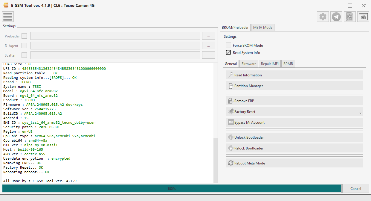 Tecno CL6 : Tecno Camon 4G — Remove FRP - MTK — E-GSM Tool screenshot