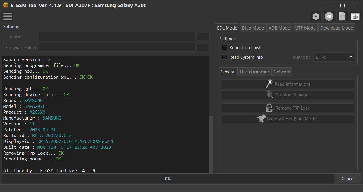 Samsung SM-A207F : Samsung Galaxy A20s — Remove FRP - Qualcomm — E-GSM Tool screenshot