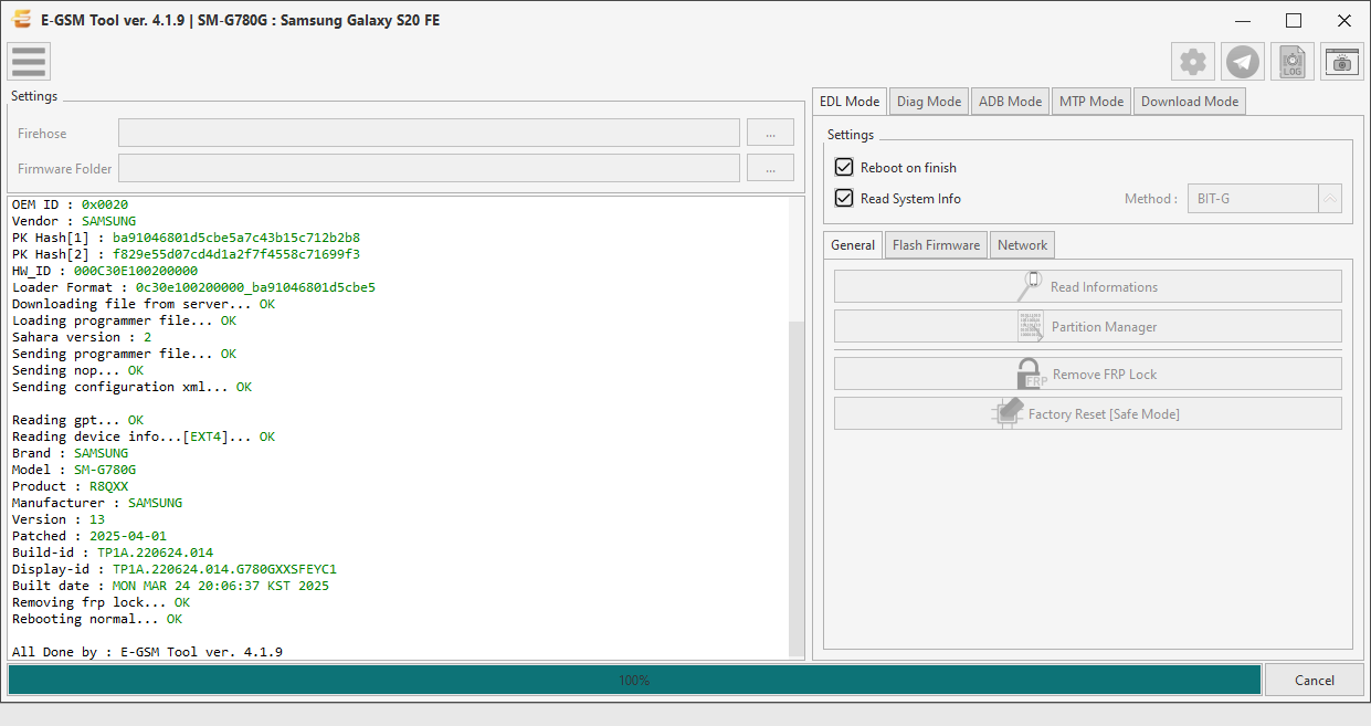 Samsung SM-G780G : Samsung Galaxy S20 FE — Remove FRP - Qualcomm — E-GSM Tool screenshot
