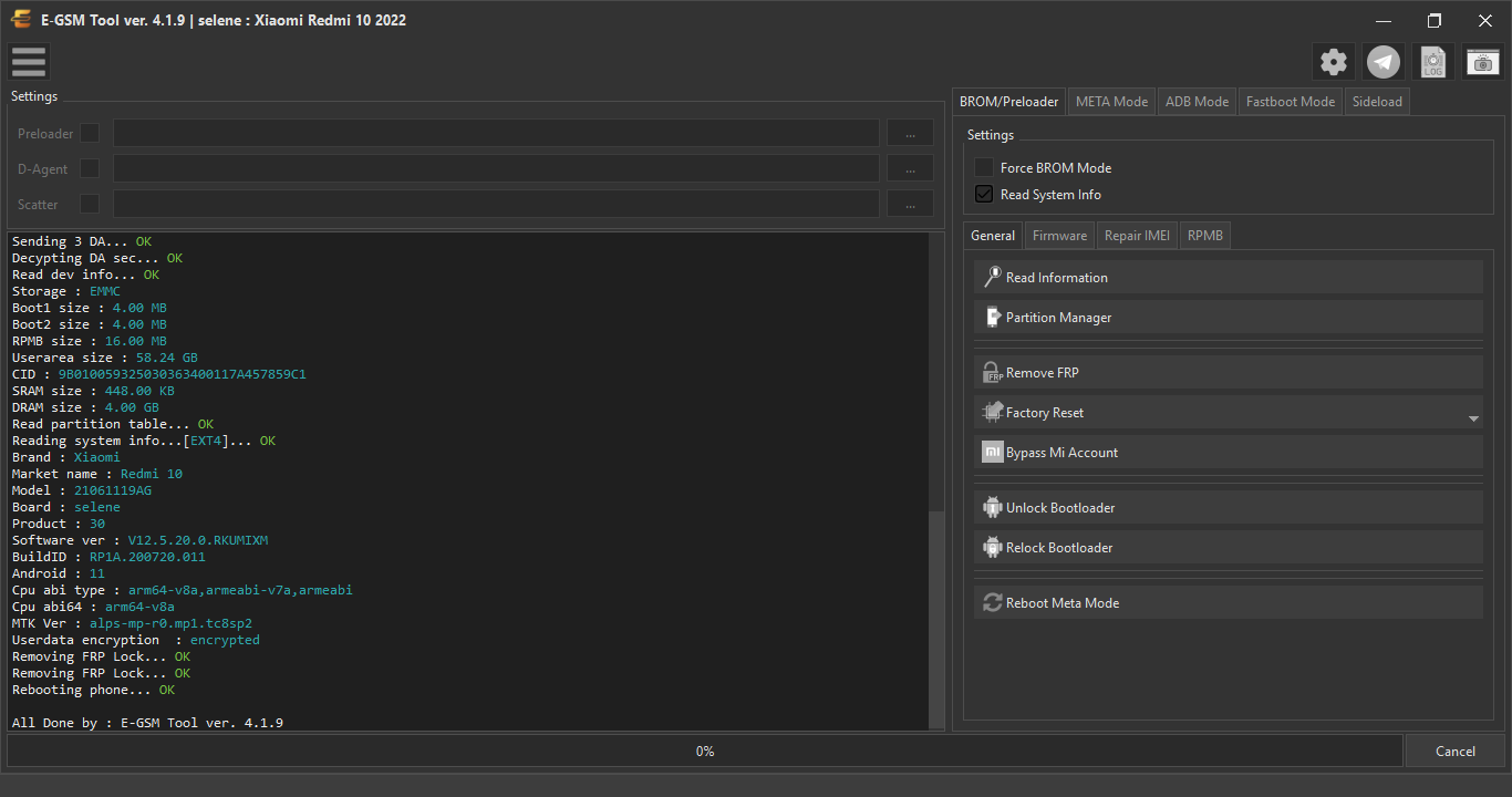 Xiaomi selene : Xiaomi Redmi 10 2022 — Remove FRP - MTK — E-GSM Tool screenshot