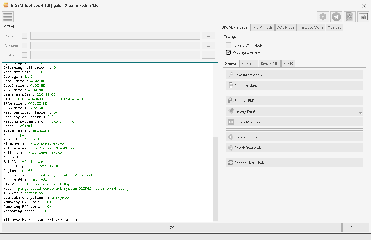 Xiaomi gale : Xiaomi Redmi 13C — Remove FRP - MTK — E-GSM Tool screenshot