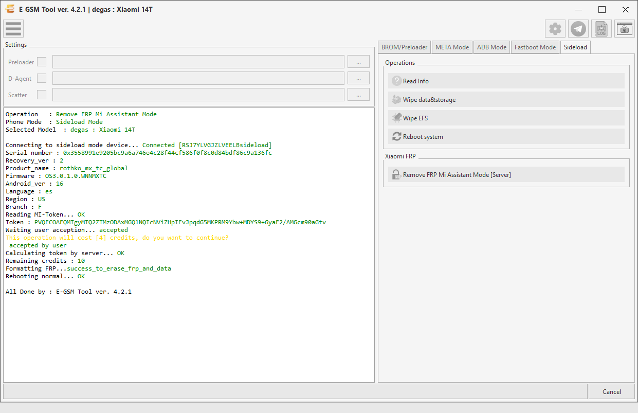 Xiaomi degas : Xiaomi 14T — Remove FRP - Sideload Server — E-GSM Tool screenshot