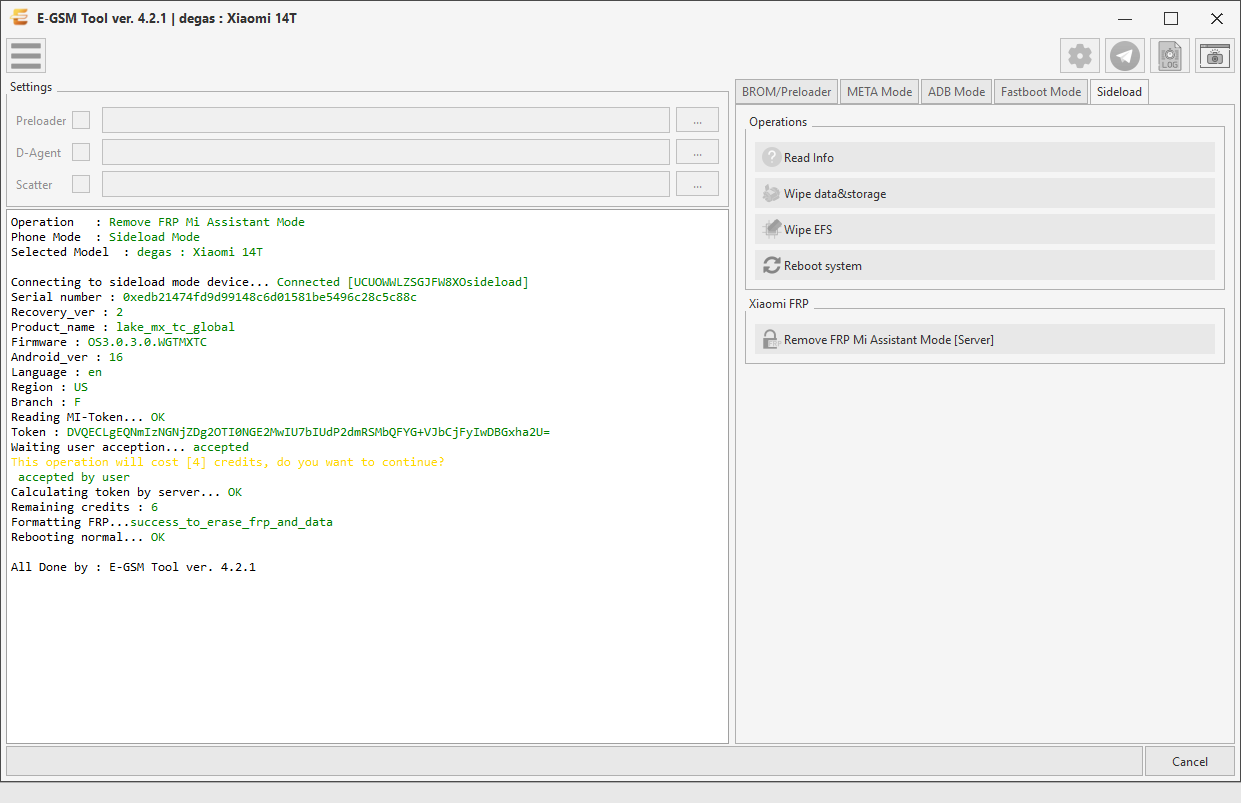 Xiaomi degas : Xiaomi 14T — Remove FRP - Sideload Server — E-GSM Tool screenshot