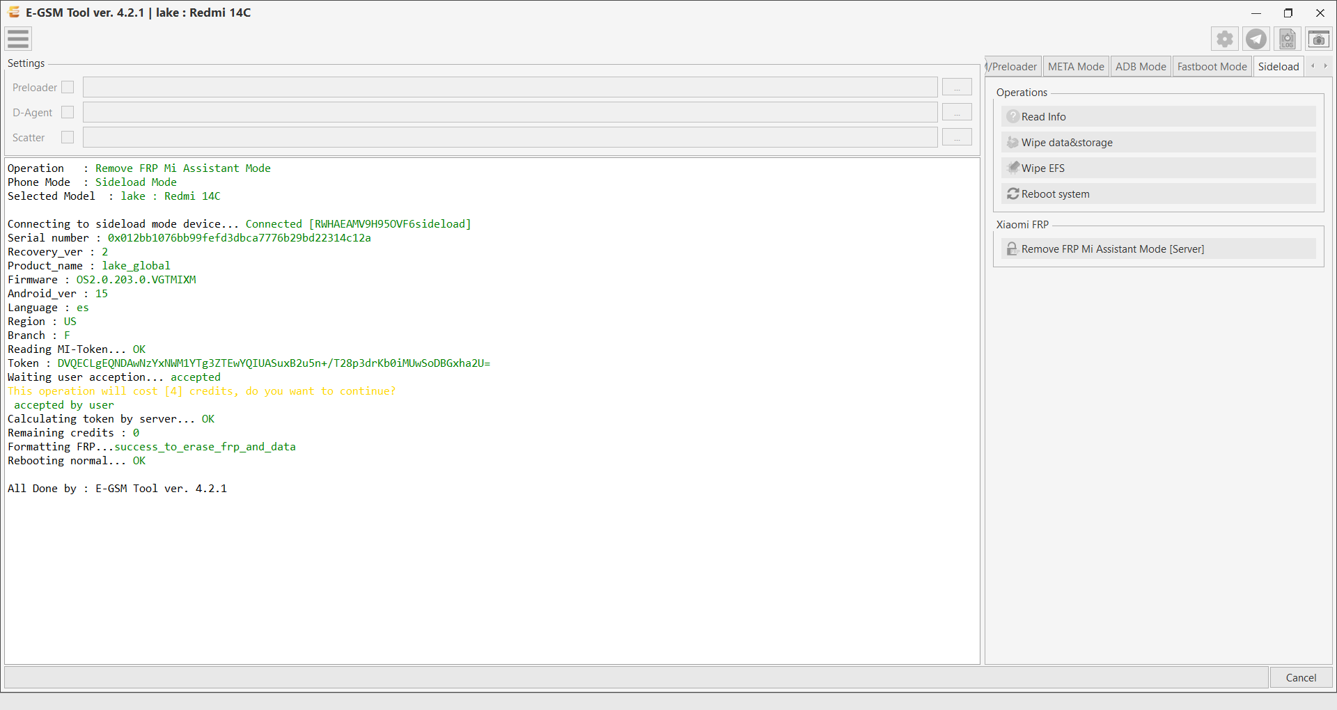 Xiaomi lake : Redmi 14C — Remove FRP - Sideload Server — E-GSM Tool screenshot