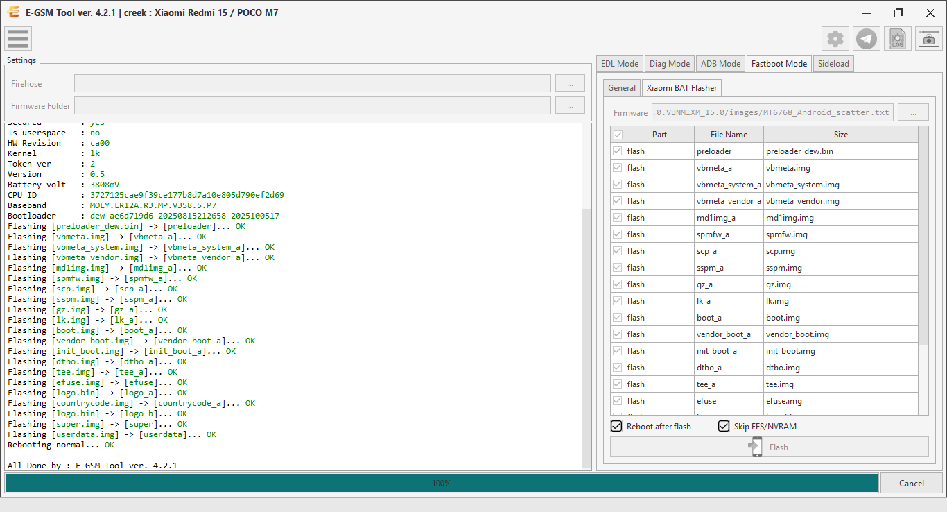 Xiaomi creek : Xiaomi Redmi 15 / POCO M7 — Flash Firmware - Fastboot — E-GSM Tool screenshot