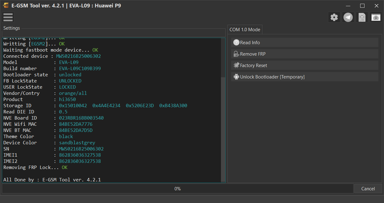 Huawei EVA-L09 : Huawei P9 — Remove FRP - Hisilicon — E-GSM Tool screenshot