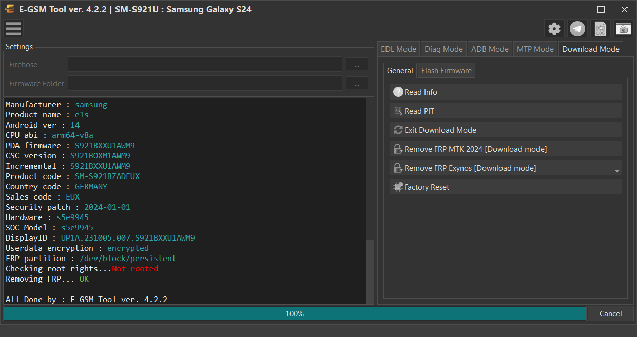 Samsung SM-S921U : Samsung Galaxy S24 — Remove FRP Exynos - Odin — E-GSM Tool screenshot