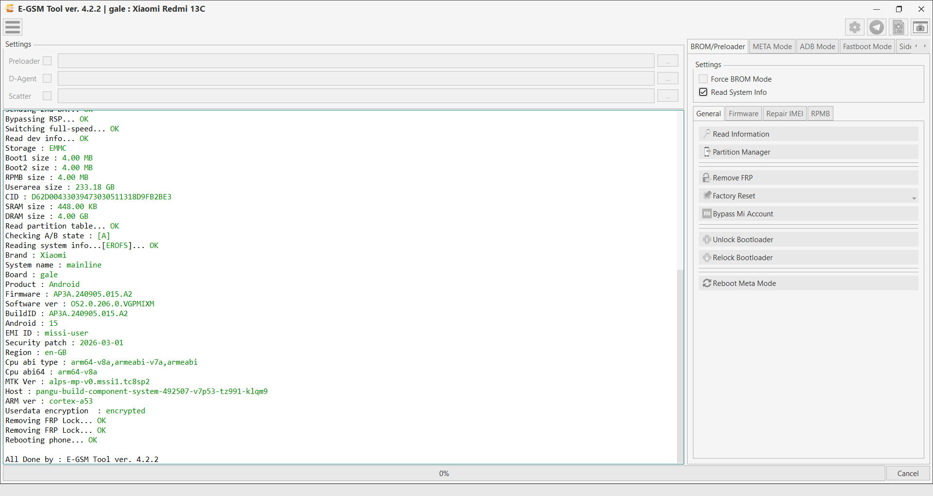 Xiaomi gale : Xiaomi Redmi 13C — Remove FRP - MTK — E-GSM Tool screenshot