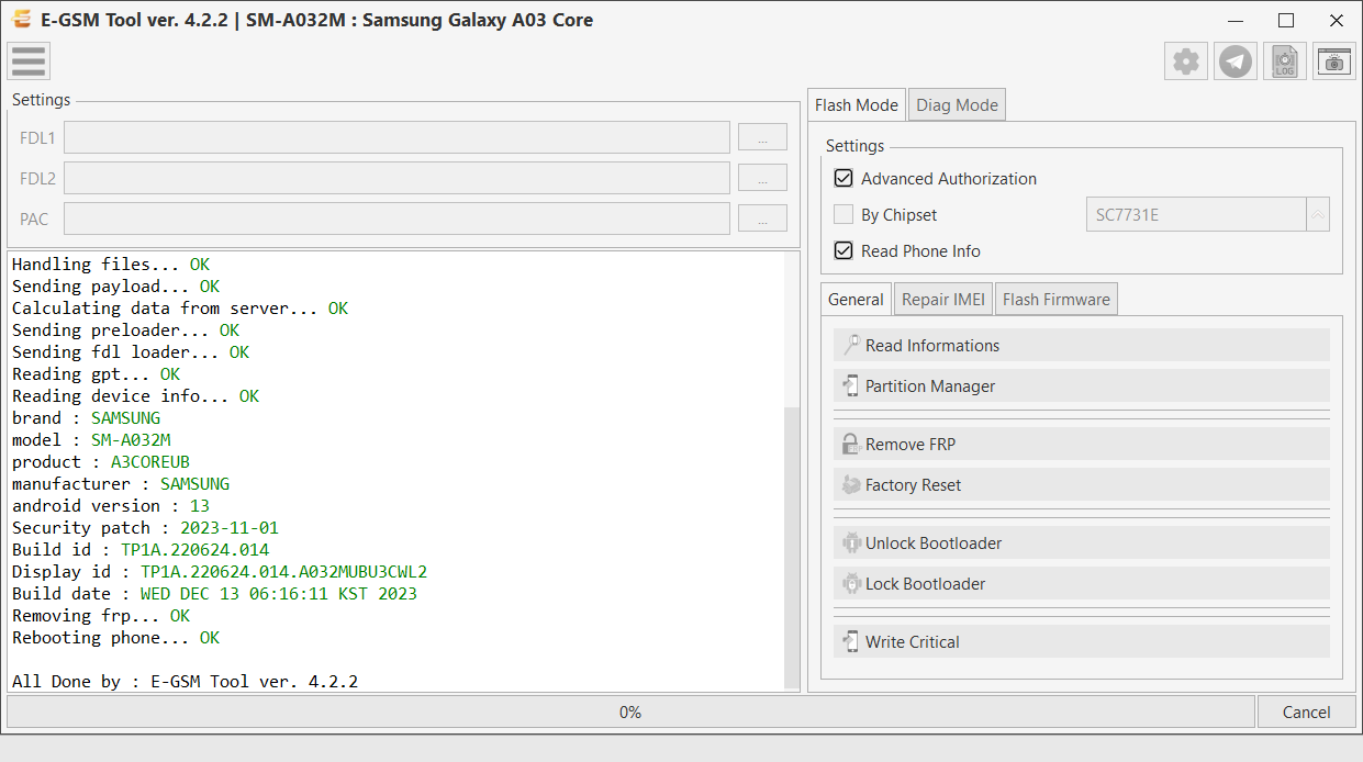 Samsung SM-A032M : Samsung Galaxy A03 Core — Remove FRP - U2S Diag Mode — E-GSM Tool screenshot
