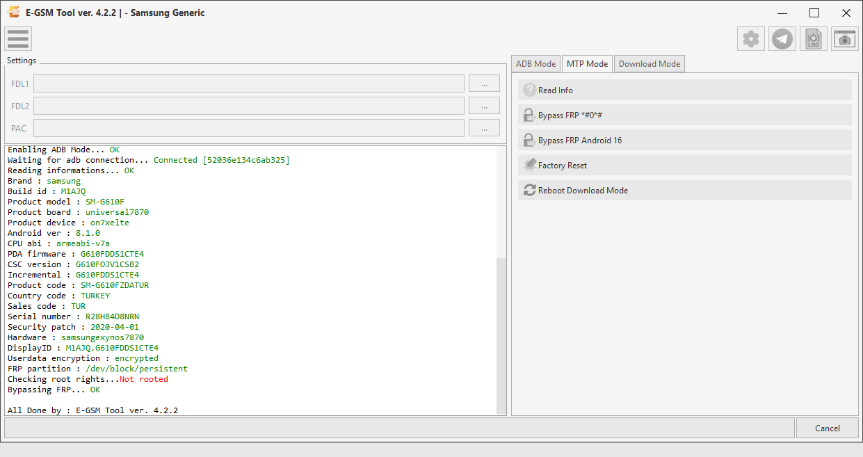 Samsung - Samsung Generic — Remove FRP - MTP — E-GSM Tool screenshot