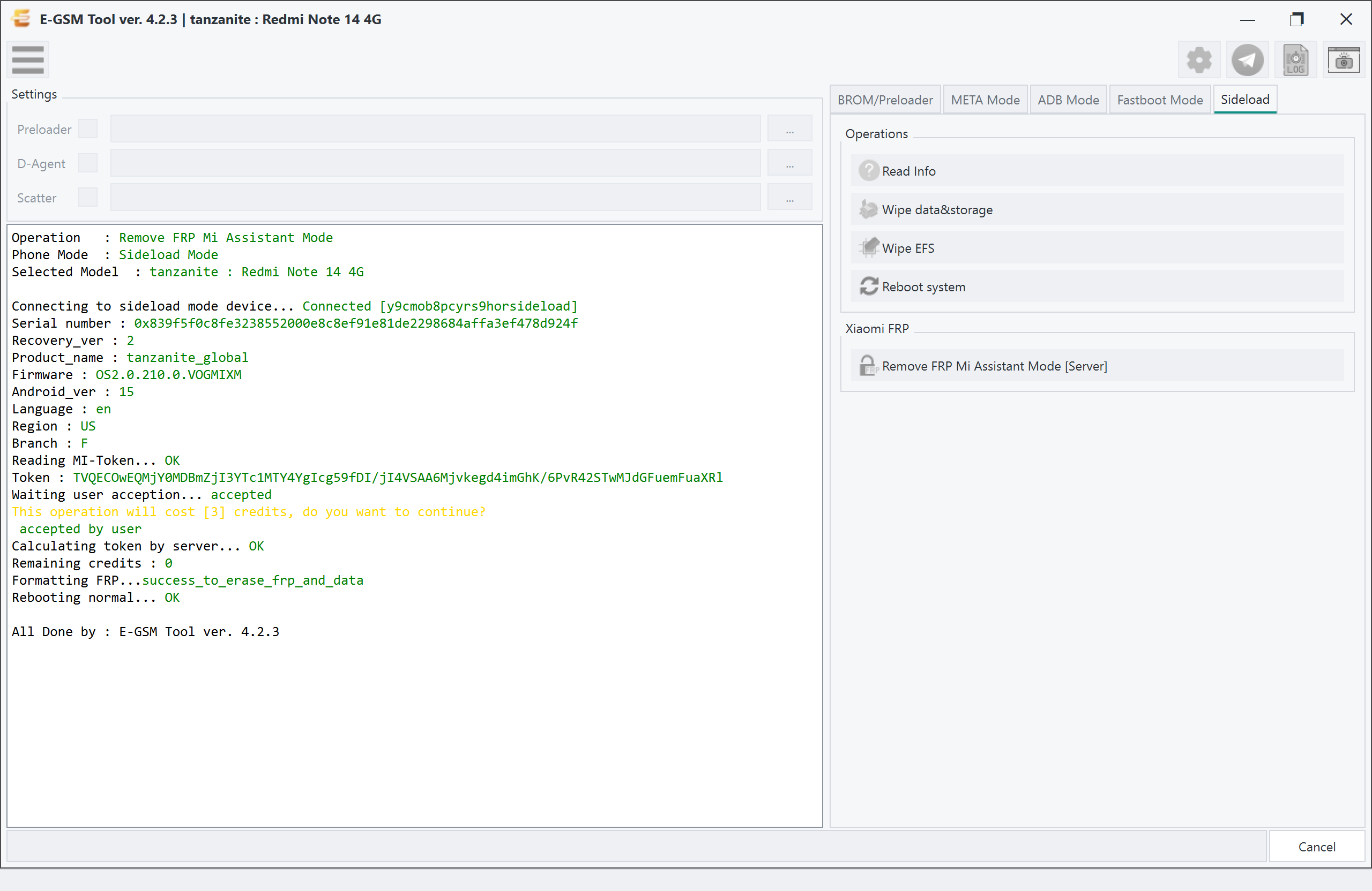Xiaomi tanzanite : Redmi Note 14 4G — Remove FRP - Sideload Server — E-GSM Tool screenshot