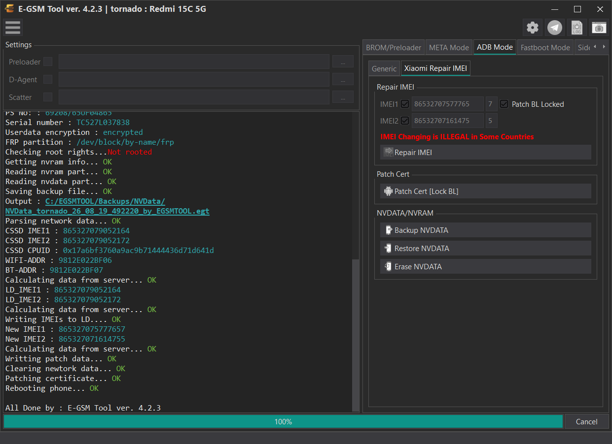 Xiaomi tornado : Redmi 15C 5G — Repair IMEI Xiaomi - ADB — E-GSM Tool screenshot