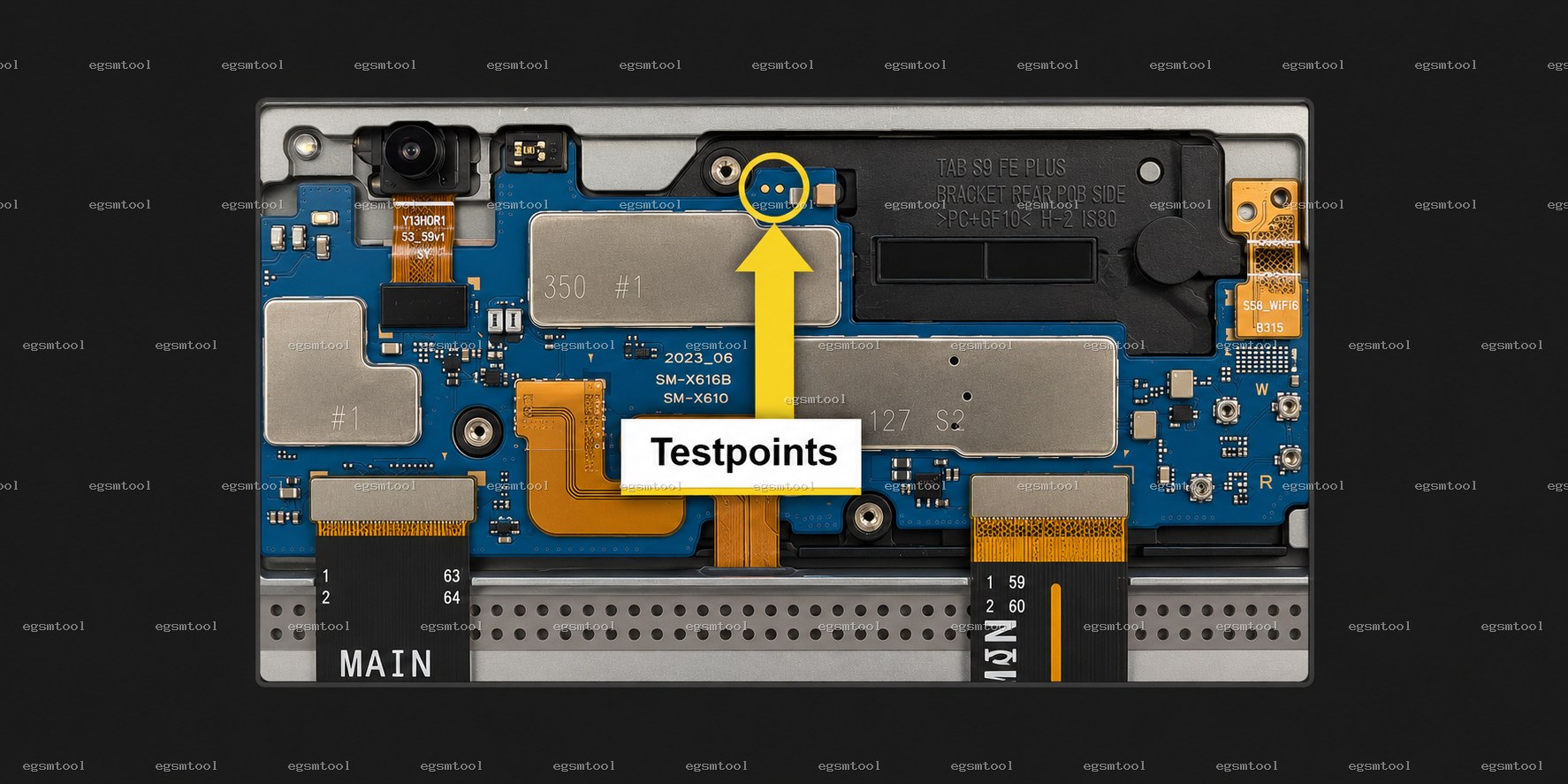 Samsung Samsung Galaxy Tab S9 FE Plus 5G models SM X616B test point diagram — EDL ISP BROM pinout