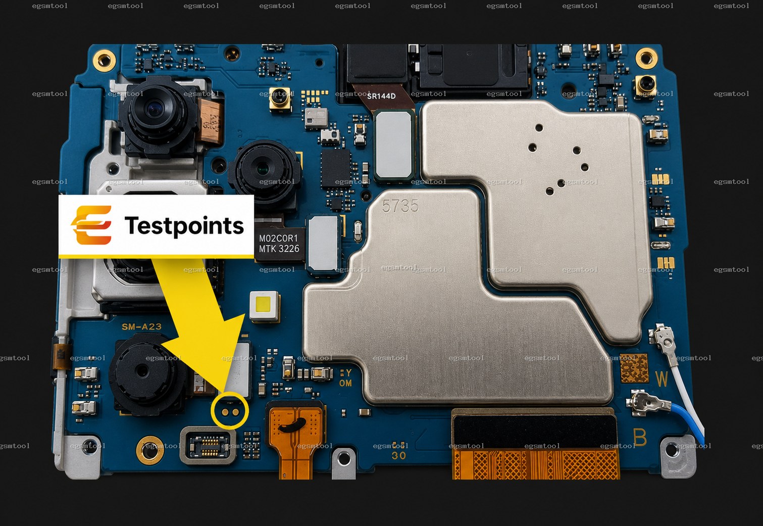 Samsung Samsung Galaxy A23 5G models  SM-A236B    SM-A236E    SM-A236M    SM-A236U    SM-A236U1    SM-A236V    SM-S237VL test point diagram — EDL ISP BROM pinout