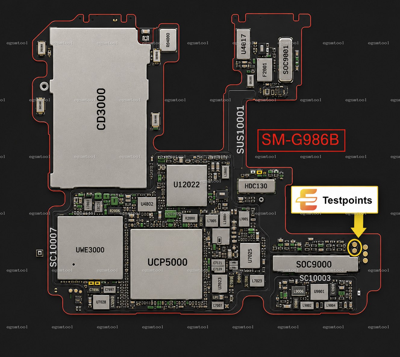 Samsung Samsung Galaxy S20+ 5G models   SM-G986B test point diagram — EDL ISP BROM pinout