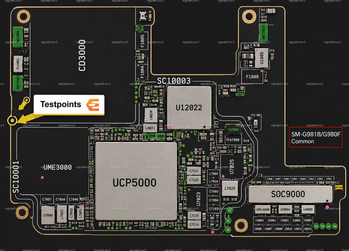 Samsung Samsung Galaxy S20 5G models   SM-G981B test point diagram — EDL ISP BROM pinout