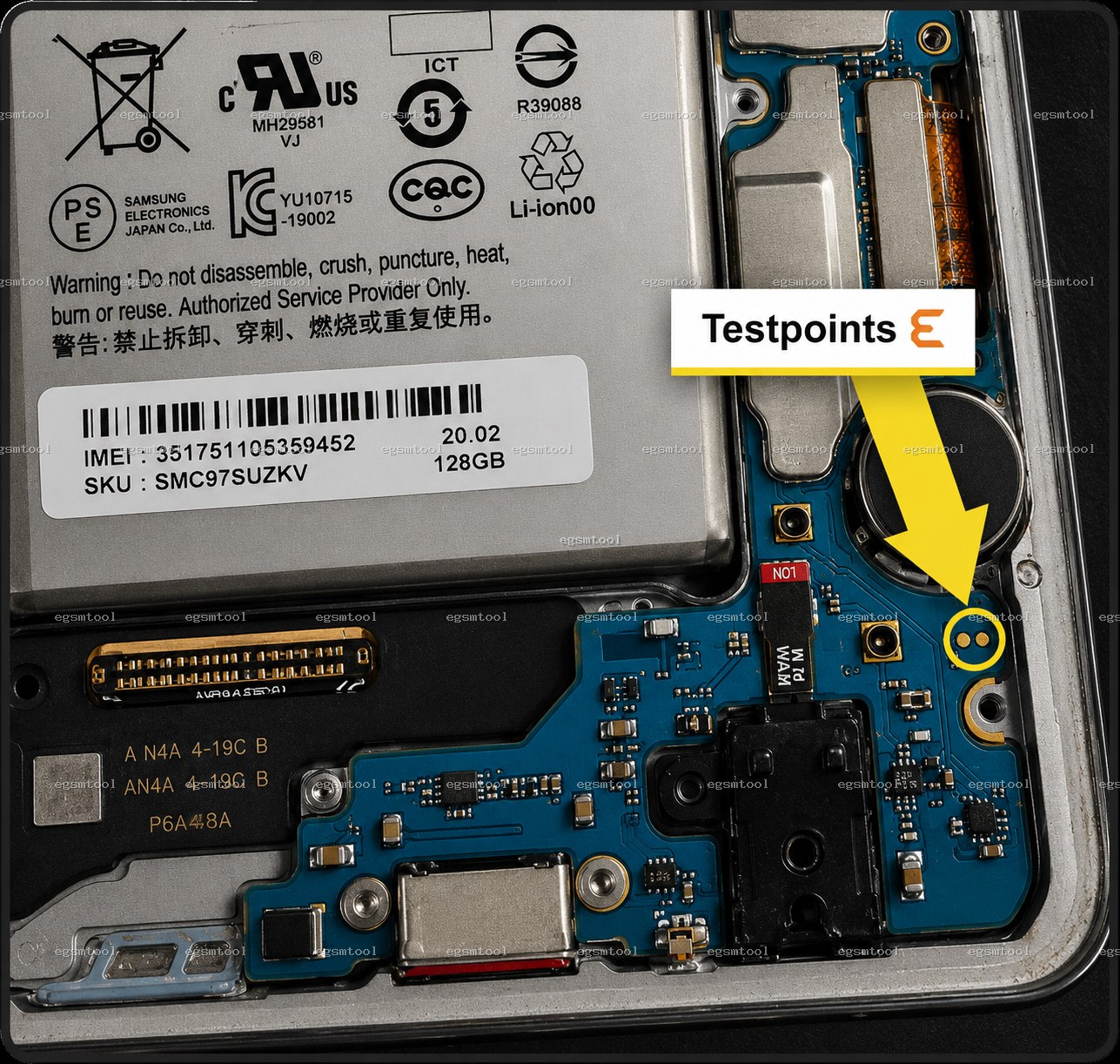 Samsung Samsung Galaxy S10+ models   SM-G975U test point diagram — EDL ISP BROM pinout